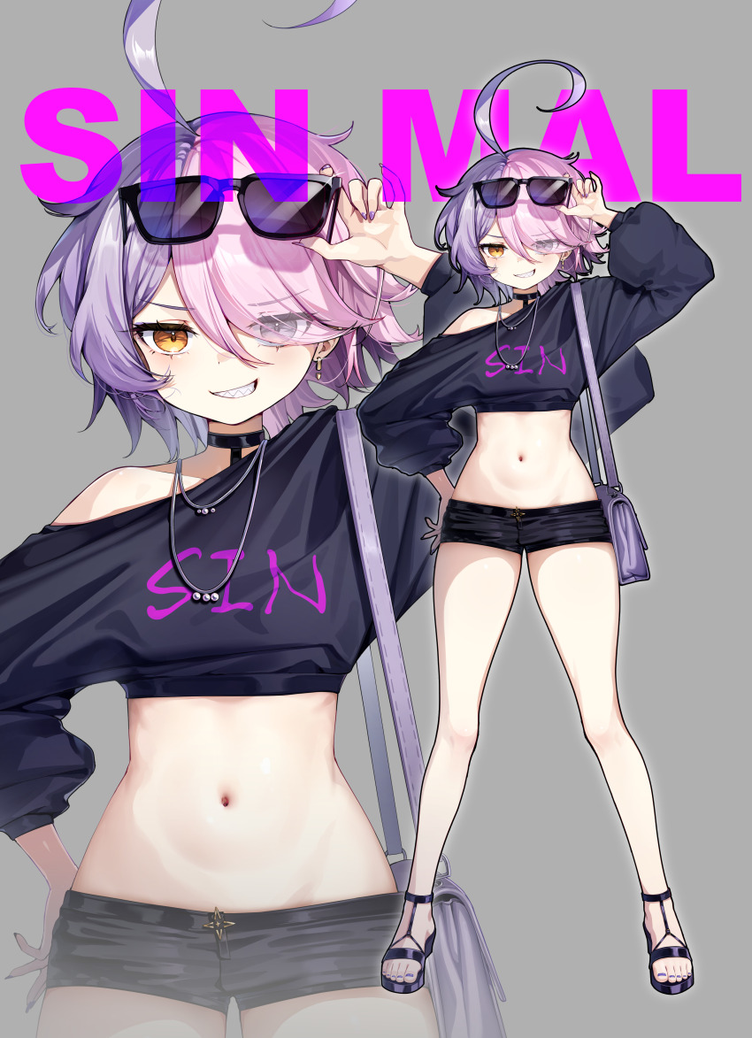 1girl absurdres ahoge bag benghuai_xueyuan black_choker black_sweater character_name choker earrings full_body grey_background grin highres honkai_(series) jewelry micro_shorts midriff multicolored_hair nail_polish navel necklace pink_hair purple_eyes purple_hair purple_nails sandals sharp_teeth short_hair short_shorts shorts shoulder_bag sin_mal sin_mal0909 smile solo stomach stomatch sunglasses sweater teeth toenail_polish toenails toes two-tone_hair yellow_eyes zoom_layer