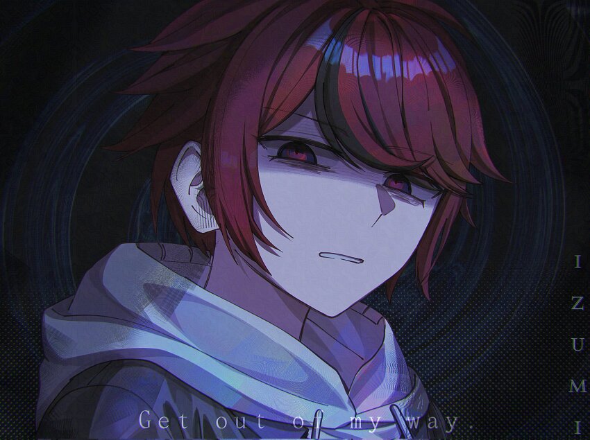 artist_name black_background black_streaks commentary drawstring english_commentary english_text grey_jacket highres hood hoodie izumi_481 jacket male_focus multicolored_hair portrait red_eyes red_hair shaded_face short_hair streaked_hair sumino_takumi the_hundred_line_-last_defense_academy- white_hoodie