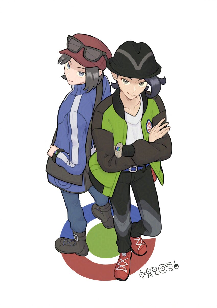 2boys absurdres bag black_hair black_hat black_pants blue_eyes blue_jacket blue_pants bracelet calem_(pokemon) closed_mouth commentary crossed_arms eyewear_on_head full_body game_freak gen_2_pokemon grey_eyes hahm0106 hat highres jacket jewelry looking_at_viewer male_focus multicolored_jacket multiple_boys nintendo open_clothes open_jacket pants paxton_(pokemon) pokemon pokemon_(creature) pokemon_legends:_z-a pokemon_xy red_hat shirt shoelaces shoes shoulder_bag simple_background smile standing sunglasses unown unown_! unown_a unown_k unown_l unown_o unown_s v-neck white_background white_shirt