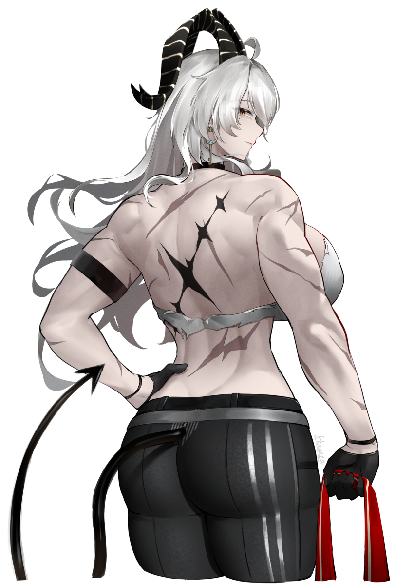 1girl absurdres arm_strap artist_name ass back bare_shoulders black_choker black_gloves black_horns black_pants black_tail bra breasts choker closed_mouth commentary curled_horns demon_tail earrings from_behind gloves grey_hair highres holding_necktie horns irkawaza jewelry key_earrings large_breasts long_hair looking_at_viewer mole mole_under_eye muscular muscular_female necktie pants profile red_eyes red_necktie scar scars_all_over simple_background solo tacet_mark_(wuthering_waves) tail tight_clothes tight_pants too_many torn_bra torn_clothes underwear unworn_necktie watermark white_background white_bra wuthering_waves zani_(wuthering_waves)