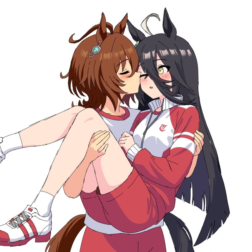 2girls agnes_tachyon_(umamusume) animal_ears black_hair brown_hair carrying commentary_request highres horse_ears horse_girl horse_tail jacket kiss kissing_cheek long_hair manhattan_cafe_(umamusume) medium_hair multiple_girls one_eye_closed pants princess_carry red_jacket sakuraji_rai shirt simple_background socks tail track_jacket track_pants umamusume white_background white_shirt white_socks yellow_eyes yuri