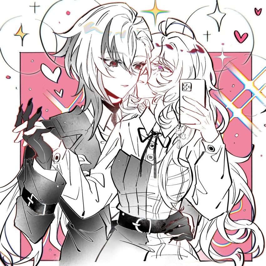 2girls ahoge alternate_costume antenna_hair arlecchino_(genshin_impact) artist_self-insert belt blue_eyes cellphone closed_mouth coat collared_coat collared_dress collared_shirt commentary_request commission commissioner_insert couple dress fingernails genshin_impact glint hand_on_another&#039;s_hip hand_up hands_up heart highres holding holding_hands holding_phone huge_ahoge inaterayukiha kiss kissing_cheek long_sleeves looking_at_another looking_down looking_to_the_side mixed-language_commentary monochrome multicolored_eyes multicolored_hair multiple_girls oc_x_canon open_clothes open_coat open_mouth original partially_colored phone red_pupils sharp_fingernails shirt sitting sitting_on_person smartphone star_(symbol) streaked_hair symbol-shaped_pupils x-shaped_pupils x_x yuri