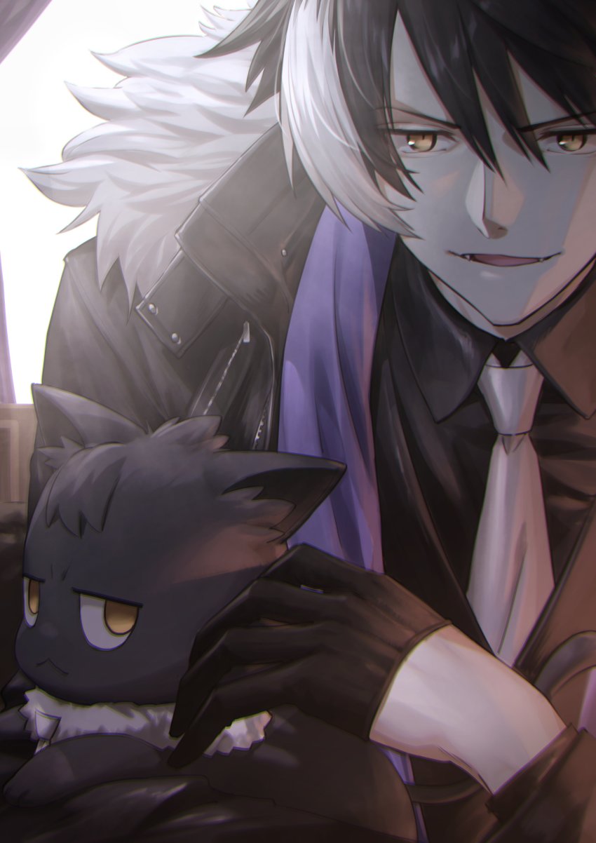 1boy absurdres black_gloves black_hair black_jacket black_shirt brown_eyes cat collared_shirt fangs gloves hair_between_eyes highres holostars jacket kageyama_shien male_focus nekoyama_shien nemoto_yuuma open_mouth portrait shirt smile solo v-shaped_eyebrows virtual_youtuber yellow_eyes