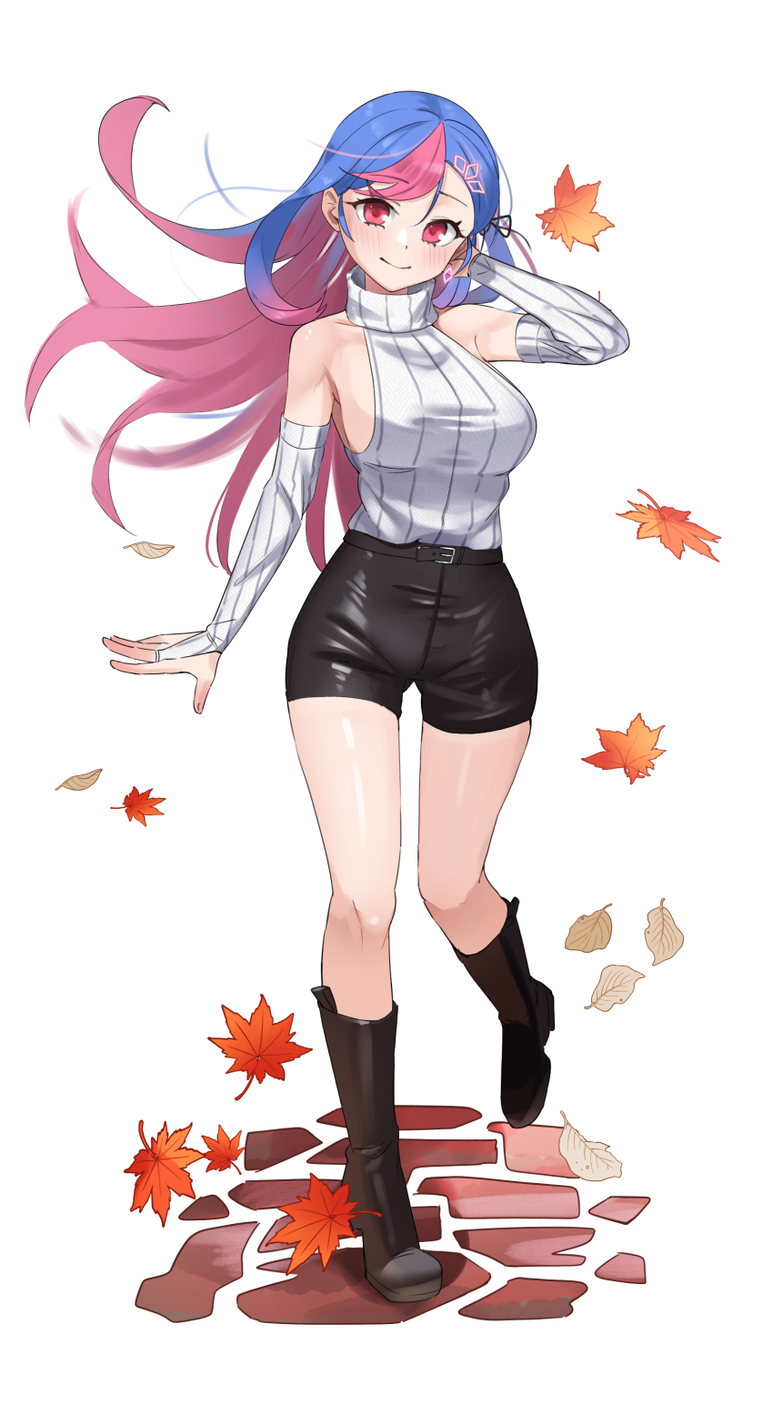 1girl absurdres arm_up bare_shoulders belt bing_hayu black_boots black_shorts blue_hair boots breasts bridal_gauntlets closed_mouth colored_inner_hair detached_sleeves floating_hair full_body godoaru gradient_hair highres knee_boots leaf long_hair looking_at_viewer luvdia maple_leaf medium_breasts multicolored_hair pink_hair red_eyes ribbed_sweater short_shorts shorts simple_background sleeveless sleeveless_sweater sleeveless_turtleneck smile solo standing standing_on_one_leg sweater sweater_tucked_in taut_sweater thighs turtleneck two-tone_hair virtual_youtuber white_background white_sweater