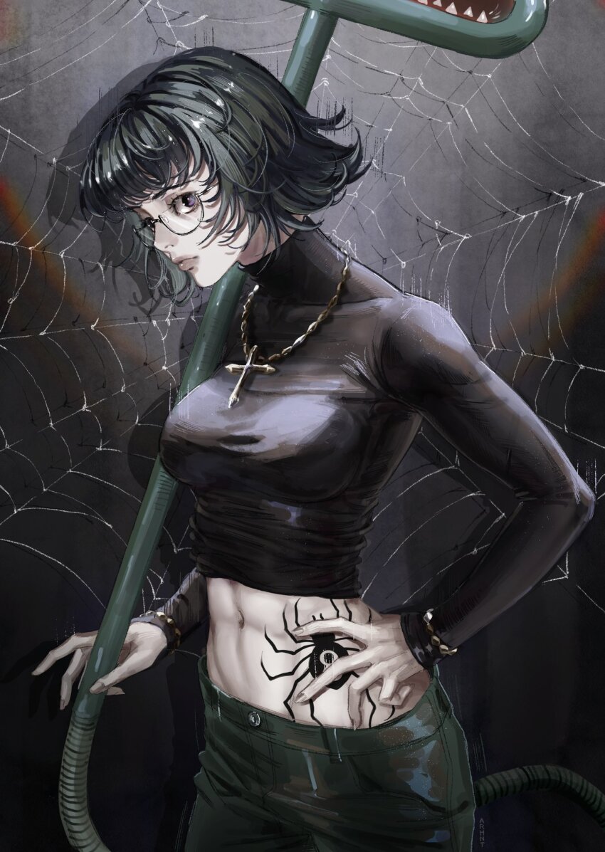 1girl arhnt black-framed_eyewear black_sweater blinky_(hunter_x_hunter) bracelet breasts closed_mouth commentary cowboy_shot crop_top cross cross_necklace eyelashes fingernails flipped_hair green_pants grey_background hand_on_own_hip highres holding holding_weapon hunter_x_hunter jewelry long_earlobes looking_at_viewer medium_breasts navel necklace pants purple_eyes sharp_teeth shirt shizuku_murasaki silk solo spider_tattoo spider_web stomach_tattoo sweater tattoo teeth tight_clothes tight_shirt toned toned_female turtleneck vacuum_cleaner weapon