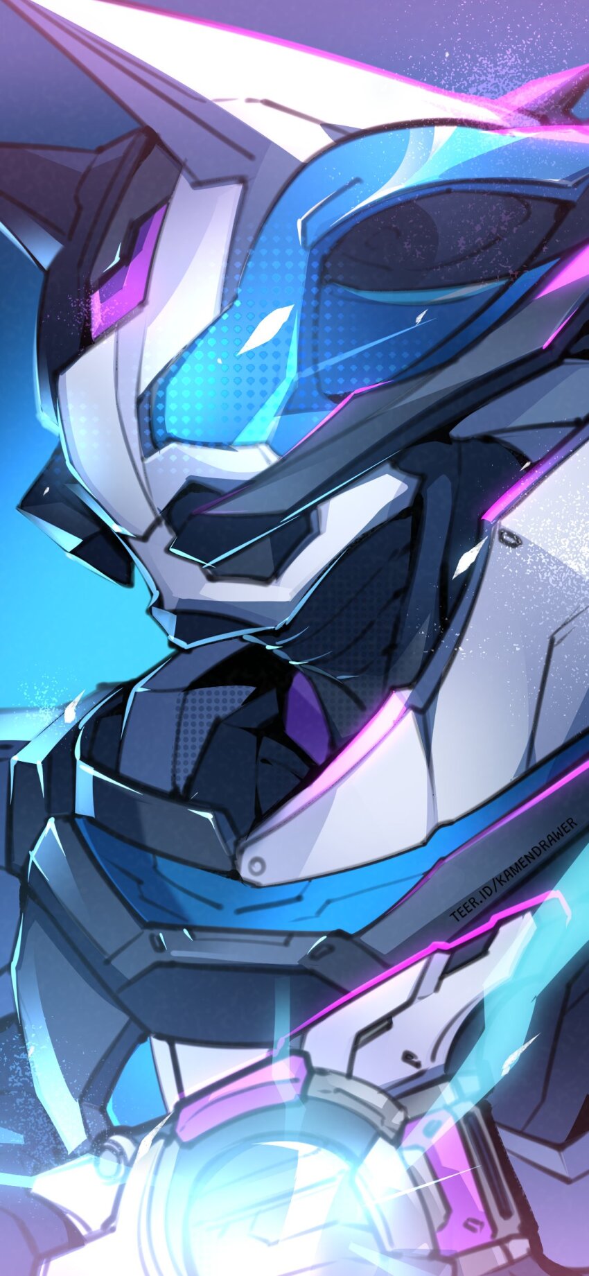 1boy absurdres animal_ears armor ashmish blue_eyes commentary compound_eyes english_commentary fox_ears from_side gun highres holding holding_weapon kamen_rider kamen_rider_geats_(series) kamen_rider_ziin laser_raise_riser male_focus mismatched_animal_ear_colors upper_body weapon white_armor ziin_(kamen_rider_geats)