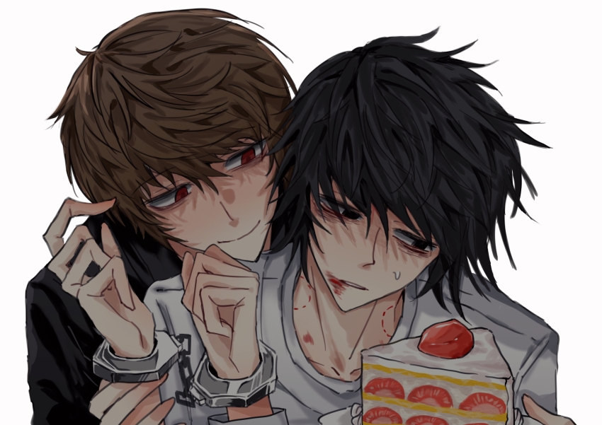 2boys absurdres arms_up bags_under_eyes bite_mark bite_mark_on_neck black_eyes black_hair brown_hair bruise bruise_on_face cake cake_slice closed_mouth cuffs death_note food fruit hand_on_another&#039;s_arm handcuffs highres holding holding_plate injury l_(death_note) looking_to_the_side male_focus multiple_boys parted_lips plate red_eyes shuicha803 sideways_glance smile strawberry strawberry_slice upper_body yagami_light yaoi