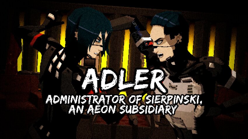 1boy 2girls adler_(signalis) android armchair armor bed blue_eyes blue_hair bob_cut cardiogram chair clenched_hand commentary digitigrade elster_(signalis) english_commentary english_text falke_(signalis) fighting highres hospital_bed intravenous_drip mechanical_arms mechanical_legs multiple_girls pixel_art punching ryuu_ga_gotoku_(series) signalis spacecraft_interior unblueable upper_body
