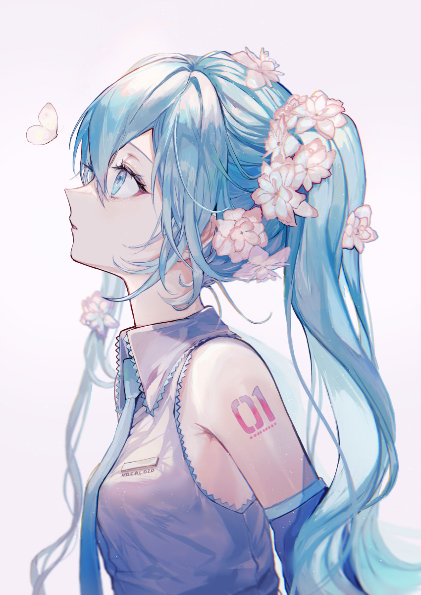 1girl absurdres arm_tattoo blue_eyes blue_hair blue_necktie collared_shirt copyright_name detached_sleeves flower from_side grey_shirt grey_sleeves hair_flower hair_ornament hatsune_miku highres long_hair looking_up necktie parted_lips pipi_(pipinavigation) profile shirt sleeveless sleeveless_shirt solo tattoo twintails upper_body vocaloid white_flower wing_collar
