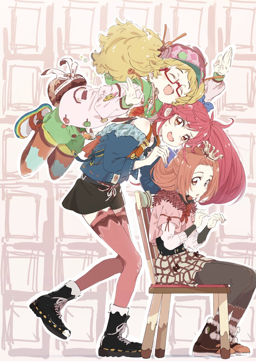 3girls :d :o absurdres aikatsu! aikatsu!_(series) bare_shoulders belt black_footwear black_pantyhose black_skirt blonde_hair blue_bow blue_shirt bow brown_skirt closed_eyes crown forehead from_side green_hoodie green_shorts hair_bow hands_up happy hat highres hood hoodie jacket jumping leaning_forward long_hair long_sleeves looking_at_viewer looking_to_the_side miniskirt multicolored_footwear multicolored_pantyhose multiple_girls ok_sign on_chair open_mouth orange_eyes orange_hair otoshiro_noel otoshiro_seira pantyhose pink_hat pink_jacket pink_shirt pink_thighhighs ponytail red-framed_eyewear red_hair saegusa_kii saitou_atsushi_(kamatamanankotu) semi-rimless_eyewear shirt shoes shorts siblings sisters sitting skirt smile standing standing_on_one_leg straight_hair sweatdrop teeth thighhighs twintails under-rim_eyewear upper_teeth_only v-shaped_eyebrows zettai_ryouiki