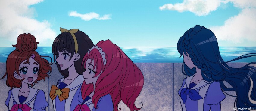 4girls absurdres akagi_towa amanogawa_kirara aqua_eyes blue_hair blue_neckerchief blush bow bowtie braid brooch brown_hair cloud flower go!_princess_precure hair_bun hair_flower hair_ornament hairband haruno_haruka highres jewelry kaidou_minami long_hair long_sleeves medium_hair multiple_girls neckerchief noble_academy_school_uniform ocean open_mouth pink_bow pink_bowtie pink_neckerchief pre_greenblue precure purple_eyes purple_shirt red_eyes red_hair sailor_collar school_uniform shirt single_hair_bun skirt sky smile star_brooch suspender_skirt suspenders tiara twitter_username upper_body white_sailor_collar white_skirt yellow_bow yellow_bowtie yellow_hairband