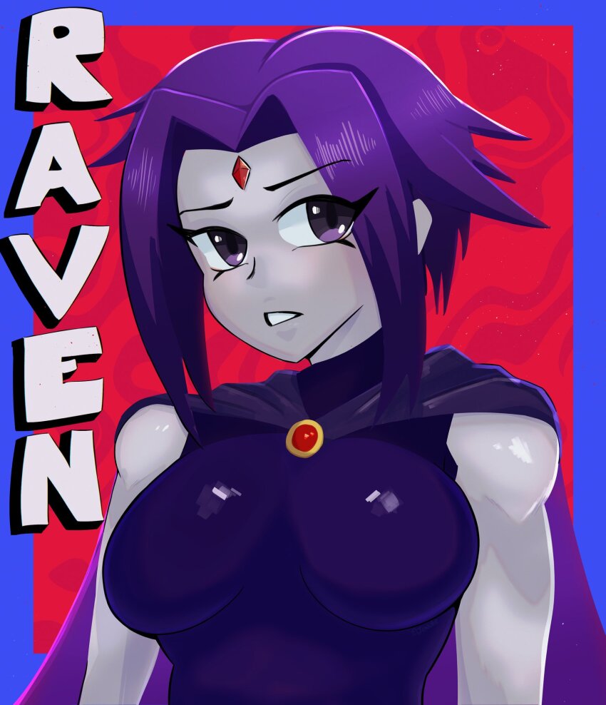 1girl breasts cape dc_comics highres large_breasts leotard looking_at_viewer parted_lips purple_eyes purple_hair raven_(dc) short_hair solo