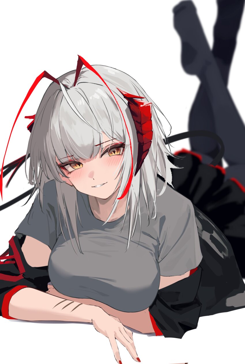 1girl absurdres antenna_hair arknights artistic_error black_pantyhose blurry blush feet_up fingernails grey_hair grey_shirt highres looking_at_viewer lying medium_hair multicolored_hair nail_polish nekomatamago on_stomach pantyhose red_hair red_nails scar scar_on_arm shirt short_sleeves simple_background solo streaked_hair t-shirt the_pose w_(arknights) white_background yellow_eyes
