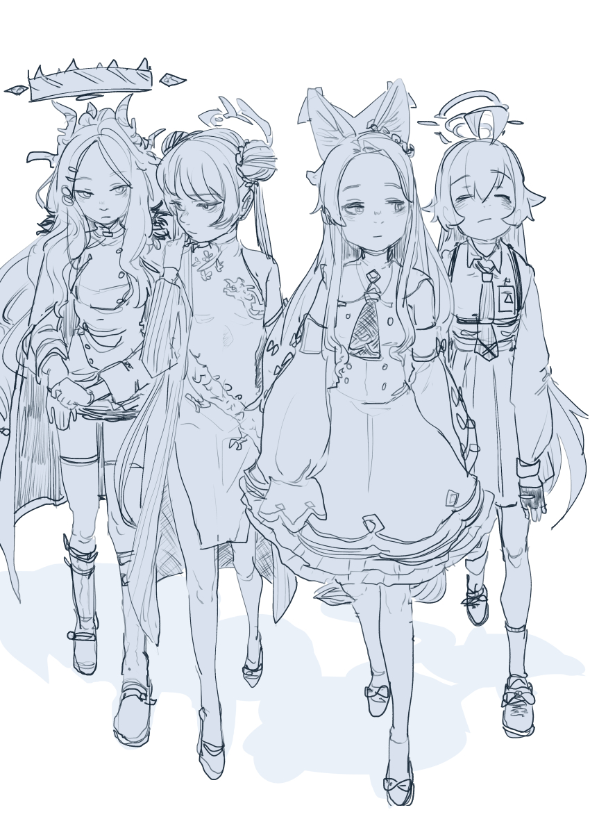 4girls :/ =_= absurdres ahoge animal_ears blue_archive china_dress chinese_clothes closed_eyes demon_horns double_bun dragon_print dress ear_wreath expressionless fingerless_gloves fox_ears full_body gloves greyscale hair_bun halo hashtag-only_commentary highres hina_(blue_archive) horns hoshino_(blue_archive) huge_ahoge id_card jacket kisaki_(blue_archive) limited_palette long_hair long_sleeves monochrome multiple_girls multiple_horns open_clothes open_jacket pinstripe_jacket pinstripe_pattern re24 seia_(blue_archive) simple_background sketch sleeves_past_wrists very_long_hair walking white_background