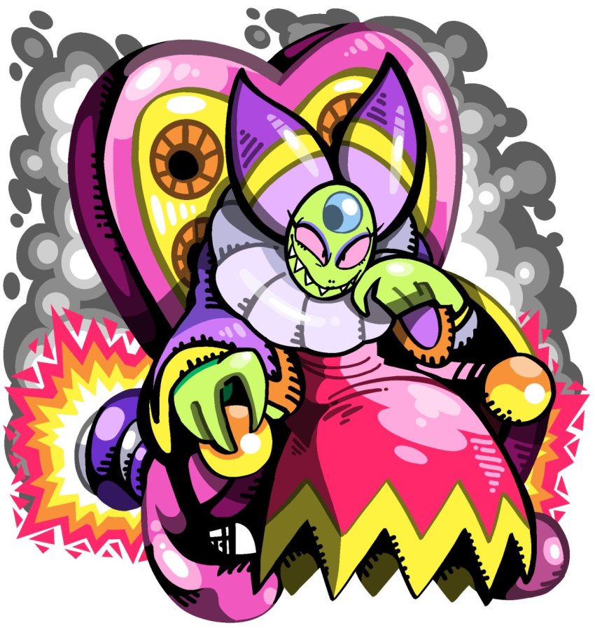 1girl cackletta collar colored_skin dress forehead_jewel frilled_collar frills green_skin highres lipstick makeup mario_&amp;_luigi_rpg mario_&amp;_luigi:_superstar_saga mario_&amp;_luigi_rpg mario_(series) monster mr.whatshisname nintendo sharp_teeth smile solo teeth