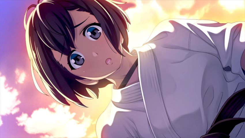 1girl black_hair breasts cloud cloudy_sky daitoku_junna dark-skinned_female dark_skin dougi from_below fukuda_tomonori game_cg grey_eyes hair_between_eyes highres karate_gi lap_pillow lap_pov looking_at_viewer looking_down martial_arts_belt non-web_source official_art open_mouth orange_sky outdoors pink_shirt pov robotics;notes robotics;notes_dash shiny_lips shiny_skin shirt short_sleeves sky solo sunset t-shirt tareme tongue upper_body worried