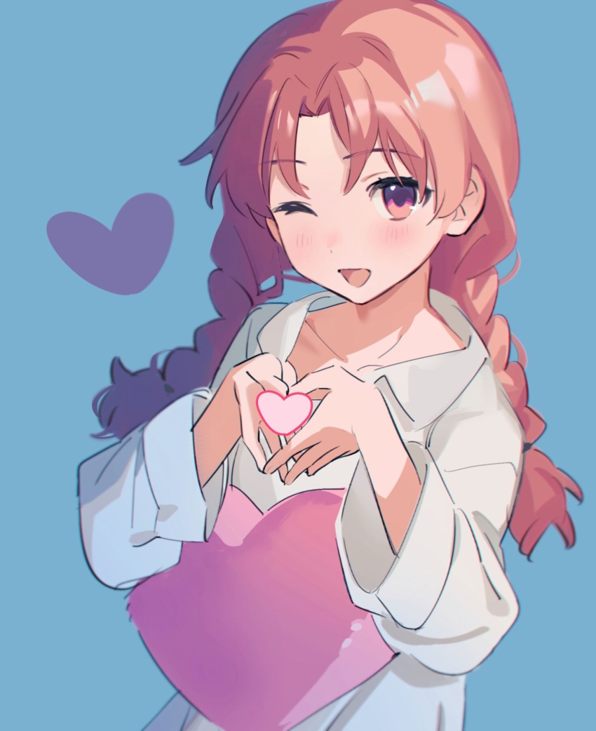 1girl ;d alternate_hairstyle blue_background braid brown_eyes brown_hair collared_shirt commentary_request heart heart-shaped_pillow heart_hands highres labixiaohua long_hair long_sleeves one_eye_closed open_mouth pillow shirai_kuroko shirt smile solo toaru_kagaku_no_railgun toaru_majutsu_no_index twin_braids white_shirt