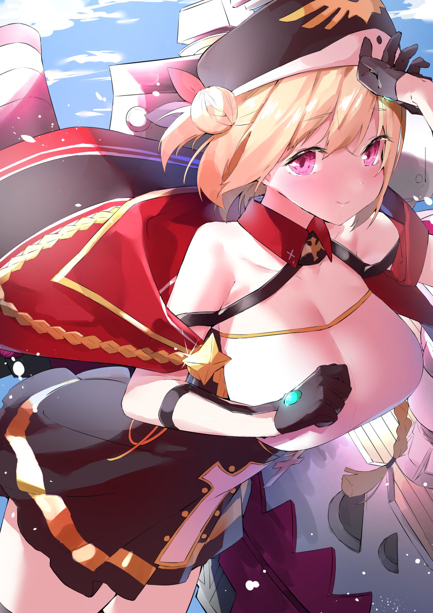 1girl absurdres azur_lane bare_shoulders blonde_hair blush breasts commentary_request cotton_kanzaki gloves hair_bun hat highres large_breasts leipzig_(azur_lane) leipzig_(retrofit)_(azur_lane) looking_at_viewer open_mouth purple_eyes retrofit_(azur_lane) rigging short_hair single_hair_bun solo thighhighs
