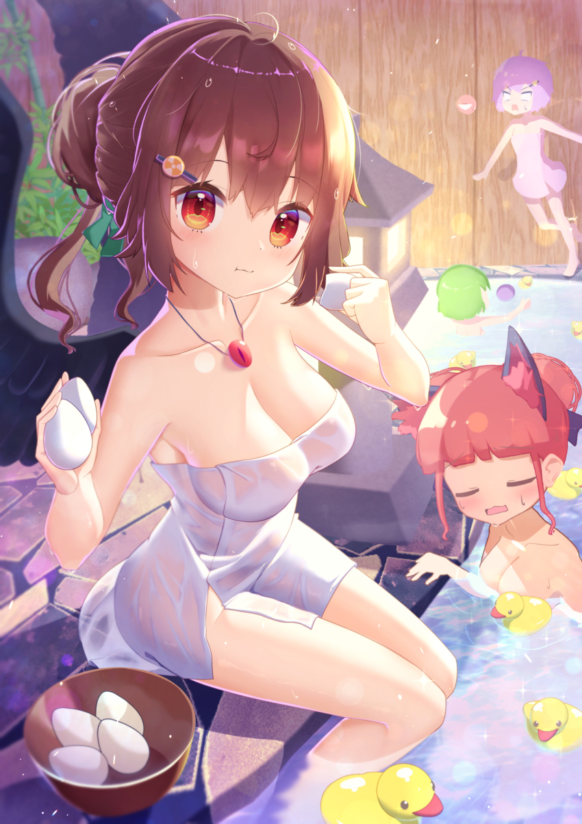 4girls alternate_hairstyle animal_ear_fluff animal_ears bad_id bad_pixiv_id bamboo bird_wings black_wings blunt_bangs blush bowl breasts brown_hair cat_ears cat_girl cleavage closed_eyes closed_mouth collarbone commentary commentary_request eating egg egg_(food) eyes_visible_through_hair food green_hair green_ribbon hair_between_eyes hair_bun hair_ornament hair_ribbon hairpin hardboiled_egg highres holding holding_food jewelry kaenbyou_rin kiramarukou komeiji_koishi komeiji_satori large_breasts looking_at_viewer medium_breasts multiple_girls naked_towel necklace onsen open_mouth partially_submerged pink_hair purple_ribbon radiation_symbol red_eyes red_hair reiuji_utsuho ribbon rubber_duck short_hair single_hair_bun sitting slipping solo_focus sweat third_eye touhou towel unyu wet_towel wings