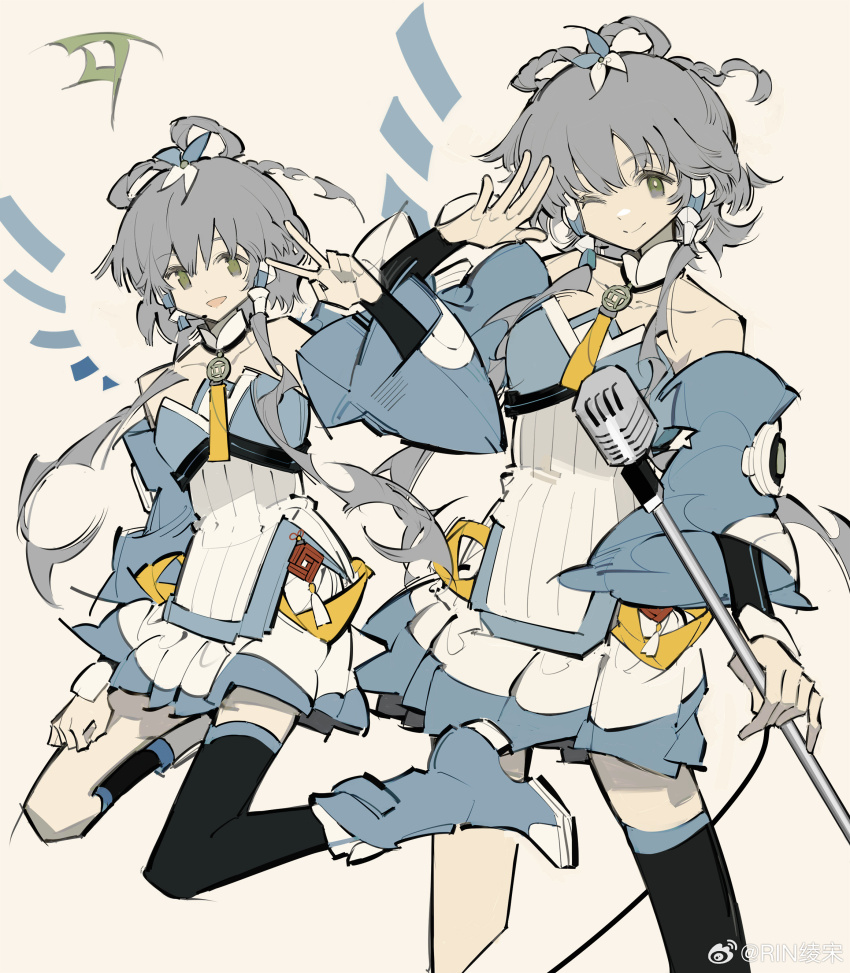 1girl absurdres armor bare_shoulders black_thighhighs blue_flower blue_footwear blue_shirt blue_sleeves boots bow-shaped_hair bracer braid bright_pupils brown_background cable chinese_commentary closed_mouth collar collarbone commentary_request cowboy_shot detached_collar detached_sleeves dot_nose floating_hair flower full_body greaves grey_eyes grey_hair hair_flower hair_ornament hand_on_own_leg hand_up happy high_collar highres holding holding_microphone_stand kneeling lily_(flower) long_sidelocks long_sleeves looking_at_viewer luo_tianyi microphone microphone_stand miniskirt multiple_views neck_tassel notice_lines one_eye_closed open_mouth pleated_skirt rin_lingsong shirt short_hair_with_long_locks sidelocks simple_background single_greave single_thighhigh skirt smile standing thighhighs two-tone_flower two-tone_shirt v vocaloid vsinger_(vocaloid) watermark weibo_watermark white_collar white_flower white_pupils white_shirt white_skirt wide_sleeves