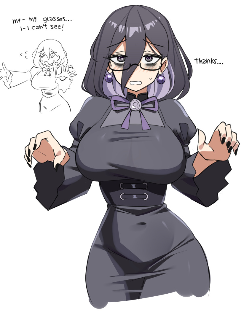 1girl @_@ absurdres alternate_breast_size_(larger) bags_under_eyes bespectacled black-framed_eyewear black_dress black_nails breasts commentary covered_navel dress earrings english_commentary english_text fingernails flying_sweatdrops glasses hair_between_eyes hex_maniac_(pokemon) hex_maniac_(pokemon_legends:_z-a) highres jewelry large_breasts long_hair long_sleeves looking_at_viewer nintendo peps_art pokemon pokemon_legends:_z-a semi-rimless_eyewear simple_background sweatdrop under-rim_eyewear very_long_hair white_background