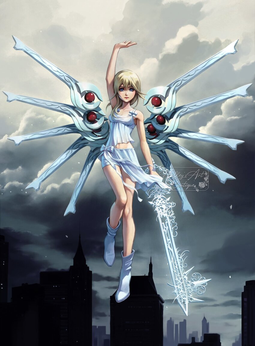 1girl alternate_costume arm_up artist_name bare_shoulders blonde_hair blue_hair boots closed_mouth cloud commentary dead_fantasy english_commentary fake_wings floating_hair flying highres holding holding_weapon hollypolllyy keyblade kingdom_hearts kingdom_hearts_ii lips long_hair midriff namine navel nomura_tetsuya_(style) pink_lips shirt signature skirt sleeveless sleeveless_shirt solo weapon white_boots white_shirt white_skirt wings