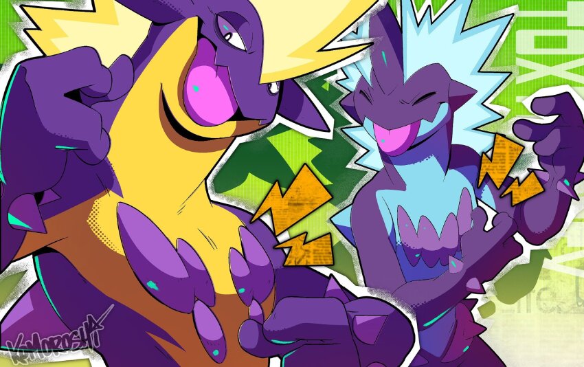 artist_name black_eyes bright_pupils character_name closed_eyes commentary english_commentary gen_8_pokemon highres komoroshi nintendo no_humans pokemon pokemon_(creature) pokemon_focus tongue tongue_out toxtricity toxtricity_(amped) toxtricity_(low_key) unconventional_guitar white_pupils