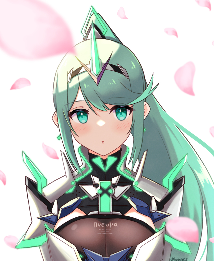 1girl absurdres breasts chest_jewel earrings gem greek_text green_eyes green_hair headpiece highres jewelry large_breasts long_hair pneuma_(xenoblade) ponytail reason3_s solo swept_bangs tiara very_long_hair xenoblade_chronicles_(series) xenoblade_chronicles_2