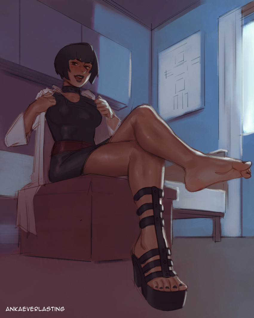 1girl ankaeverlasting barefoot black_hair brown_eyes crossed_legs feet highres looking_at_viewer medium_hair open_mouth persona persona_5 sitting soles takemi_tae toes