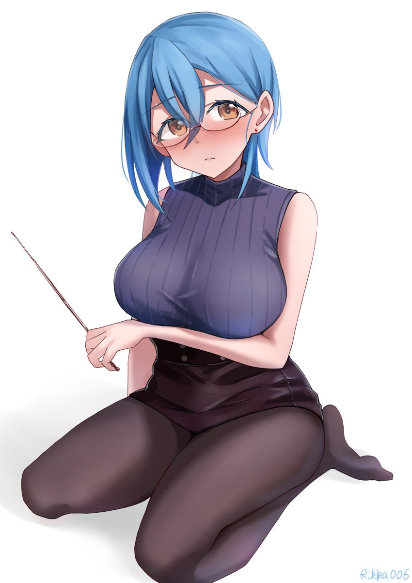 1girl absurdres arm_under_breasts bare_shoulders black_pantyhose black_skirt blue_hair blue_sweater blush breasts check_commentary commentary_request crossed_bangs earrings full_body glasses hair_between_eyes high-waist_skirt highres holding holding_pointer jewelry large_breasts looking_at_viewer love_live! love_live!_superstar!! miniskirt no_shoes orange_eyes pantyhose pencil_skirt pointer rikka006 semi-rimless_eyewear short_hair simple_background sitting skirt sleeveless sleeveless_sweater solo stud_earrings sweater teacher turtleneck turtleneck_sweater under-rim_eyewear wakana_shiki white_background