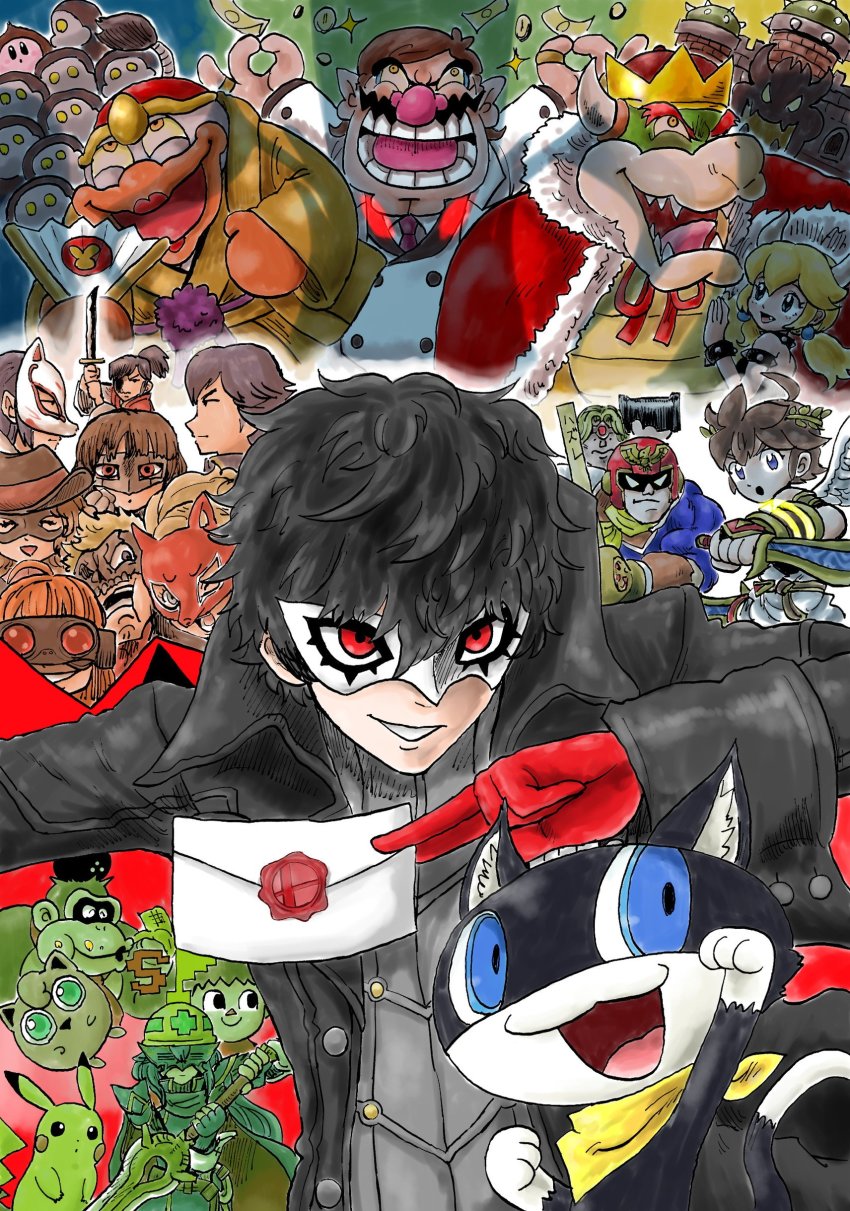6+boys 6+girls ^_^ absurdres ahoge alternate_costume amamiya_ren animal_crossing bowser cape captain_falcon castlevania_(series) closed_eyes crown donkey_kong earrings f-zero facial_hair fire_emblem fire_emblem_awakening formal_clothes gen_1_pokemon hand_fan highres horns jewelry jigglypuff kicdon kid_icarus kirby kirby_(series) kitagawa_yuusuke letter lucina_(fire_emblem) mario_(series) marth_(fire_emblem_awakening) mask money money_gesture morgana_(persona_5) multiple_boys multiple_girls mustache nazo_no_murasame-jou niijima_makoto nintendo okumura_haru paper_fan parted_bangs pearl_earrings persona persona_5 pikachu pit_(kid_icarus) pokemon pokemon_(creature) princess_peach red_eyes sakamoto_ryuuji sakura_futaba short_twintails simon_belmont smash_invitation sugita_tomokazu suit super_smash_bros. takamaki_anne takamaru_(nazo_no_murasame-jou) topknot twintails villager_(animal_crossing) voice_actor_connection