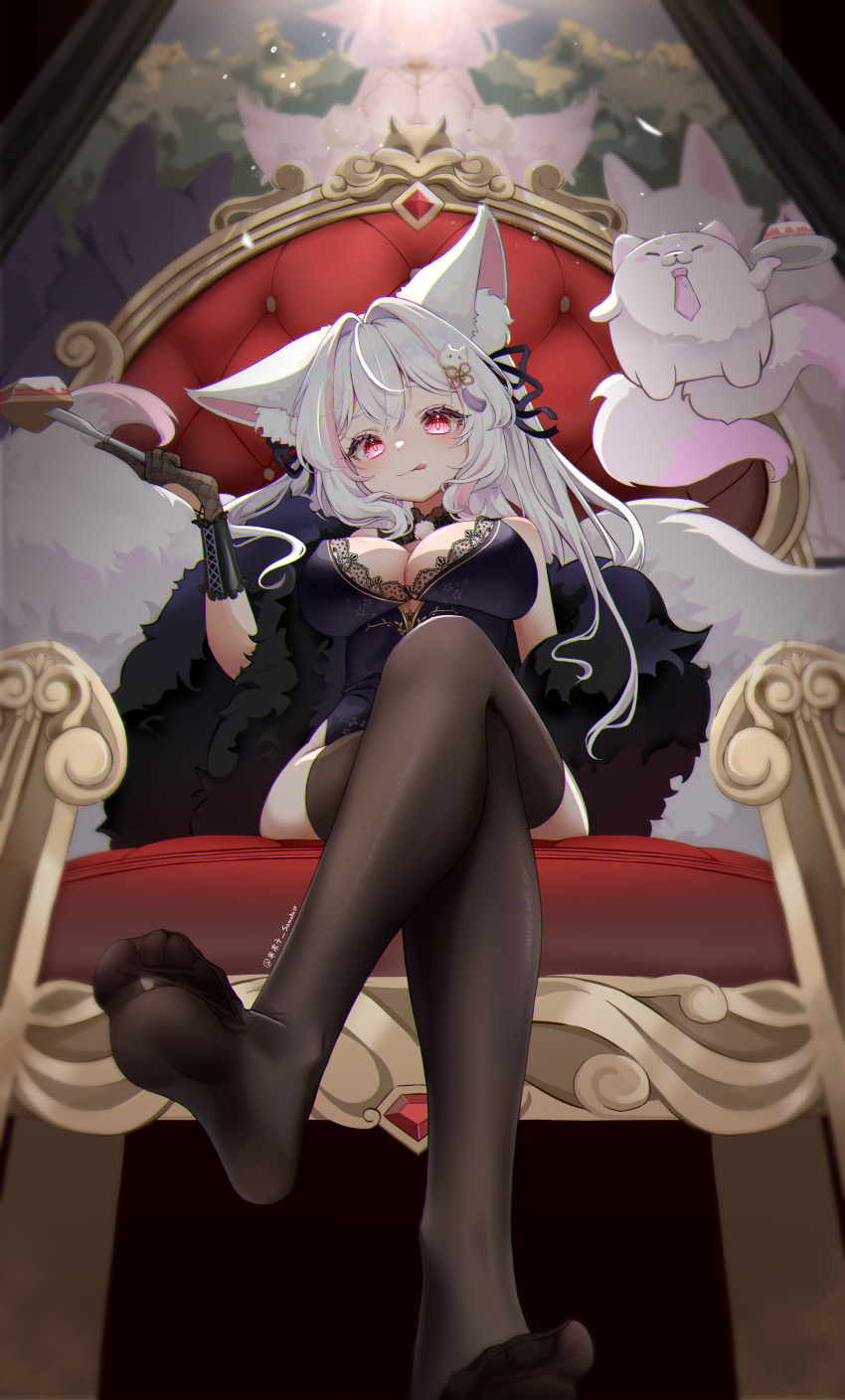1girl :p absurdres animal_ear_fluff animal_ears artist_name black_gloves black_ribbon black_thighhighs blue_dress breasts cake cake_slice cat cat_ears cat_girl cat_hair_ornament cat_tail character_request chinese_commentary cleavage commentary copyright_request crossed_legs dress feather_boa feet fine_fabric_emphasis fluff food frilled_gauntlets from_above full_body gloves hair_ornament hair_ribbon hanhanzisamuko highres holding holding_food holding_knife indoors knife lace lace-trimmed_collar lace-trimmed_dress lace_trim large_breasts legs long_hair looking_down necktie painting_(object) picture_frame pink_eyes pink_necktie plate pointing ribbon sitting sitting_on_throne soles tail tassel thighhighs thighs toes tongue tongue_out virtual_youtuber white_hair zettai_ryouiki