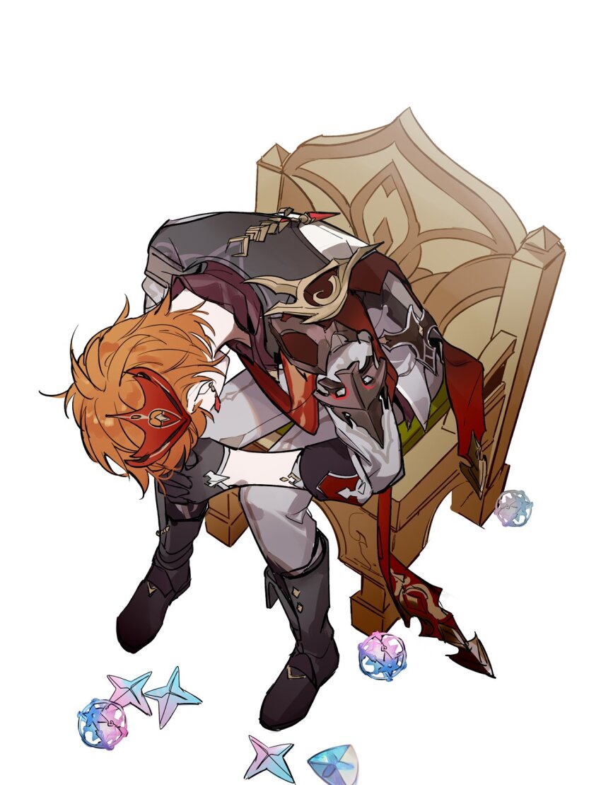 1boy black_gloves boots chair earrings gem genshin_impact gloves grey_pants highres jacket jewelry male_focus mask mask_on_head orange_hair pants primogem qinnye red_mask red_scarf scarf simple_background single_earring sitting solo tartaglia_(genshin_impact) throne white_background