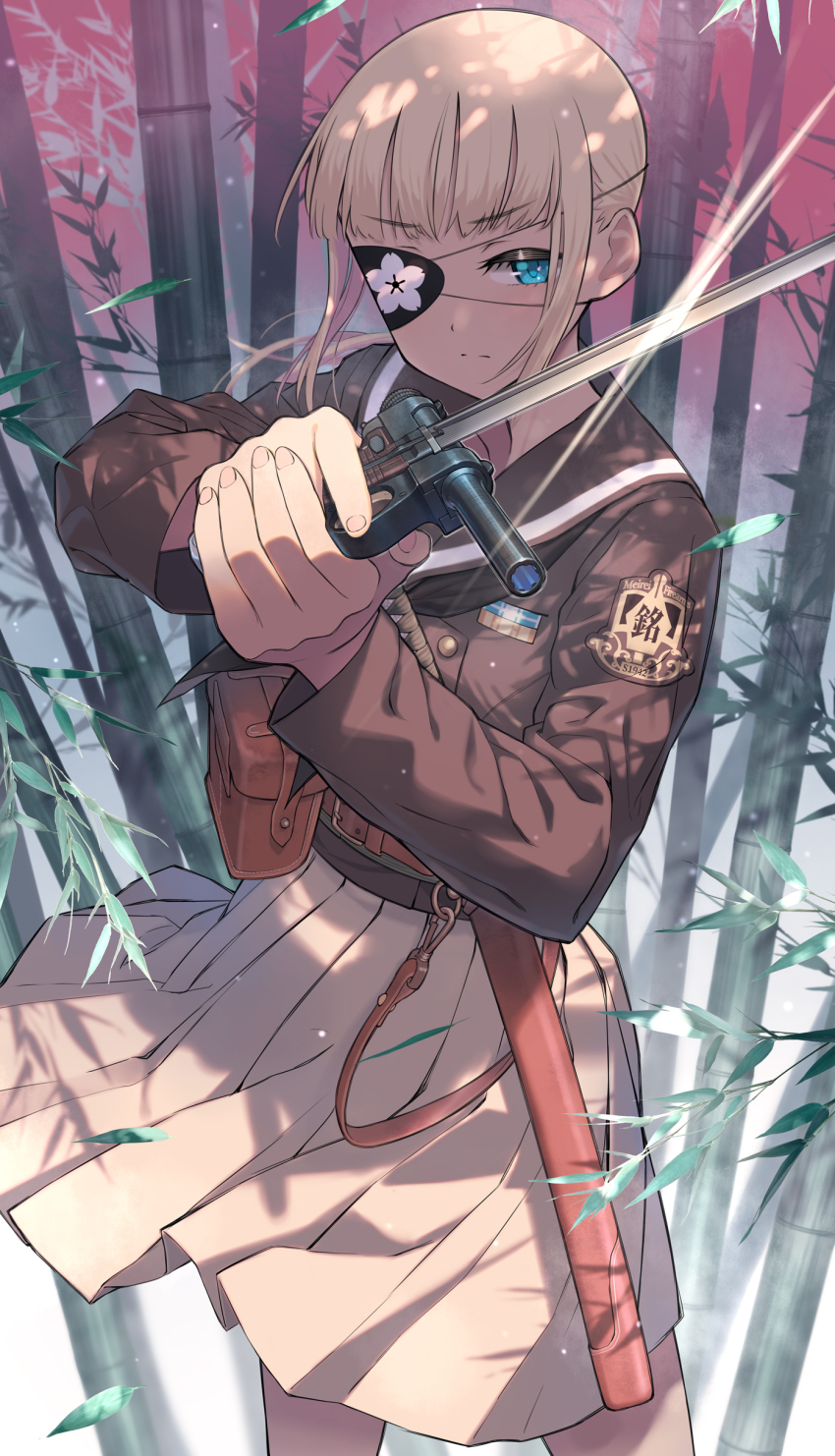 1girl absurdres bamboo bamboo_forest belt belt_pouch blonde_hair blue_eyes commentary_request eyepatch forest gun handgun highres holding holding_gun holding_weapon nature original pouch sailor_collar samaru_(seiga) serious sheath sheathed skirt solo sword weapon weapon_request wind wind_lift