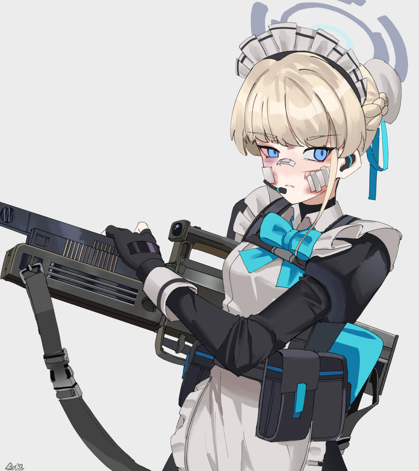 1girl absurdres ammunition_pouch apron artist_name assault_rifle bandage_on_face bandages bandaid bandaid_on_face bandaid_on_nose black_dress black_gloves blonde_hair blue_archive blue_bow blue_bowtie blue_eyes bow bowtie bruise buckle bullpup caseless_firearm closed_mouth commentary dress earpiece english_commentary fingerless_gloves frilled_apron frills gar32 gloves grey_background gun gun_sling h&amp;k_g11 highres holding holding_gun holding_weapon injury looking_at_viewer maid maid_apron maid_headdress pouch rifle science_fiction serious snap-fit_buckle solo toki_(blue_archive) weapon white_apron white_headdress