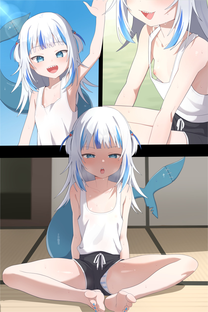 1girl absurdres arm_up armpits barefoot black_shorts blue_eyes blue_hair blue_nails blue_panties commentary downblouse drawstring fins fish_tail flat_chest gawr_gura highres hololive hololive_english loli long_hair looking_at_viewer multicolored_hair nail_polish nipples onion_(tamanegi) open_mouth paid_reward_available panties panties_under_shorts pantyshot shark_girl shark_tail sharp_teeth short_shorts shorts sitting soles solo streaked_hair striped_clothes striped_panties tail tank_top teeth toenail_polish toenails toes two_side_up underwear upper_teeth_only virtual_youtuber waving white_hair white_tank_top