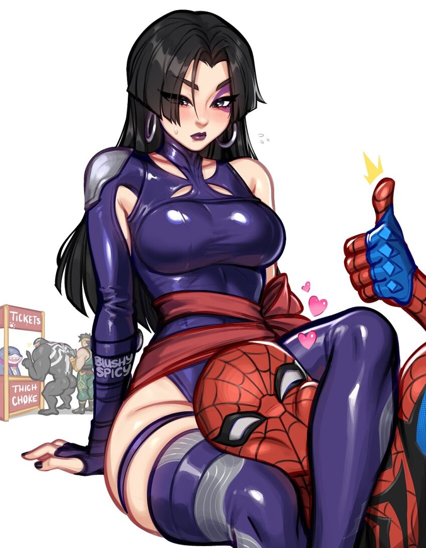 1girl 3boys between_thighs blush blushyspicy bodysuit breasts costume head_between_thighs highres iron_fist_(marvel) jeff_(marvel) large_breasts long_hair marvel marvel_rivals multiple_boys psylocke psylocke_(vengeance) simple_background spider-man spider-man_(series) superhero_costume venom_(marvel) white_background x-men