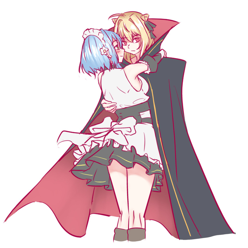 2girls anjuro_zeeku apron arms_around_neck black_cape black_ribbon black_skirt blonde_hair blue_hair blush cape commentary cone_hair_bun green_eyes hair_bun hair_ribbon hand_on_another&#039;s_back highres hikikomari_kyuuketsuki_no_monmon hug long_hair maid_headdress multiple_girls pink_eyes red_cape ribbon shirt short_hair_with_long_locks simple_background skirt smile terakomari_gandezblood two-sided_cape two-sided_fabric villhaze white_apron white_background white_headdress white_shirt yuri
