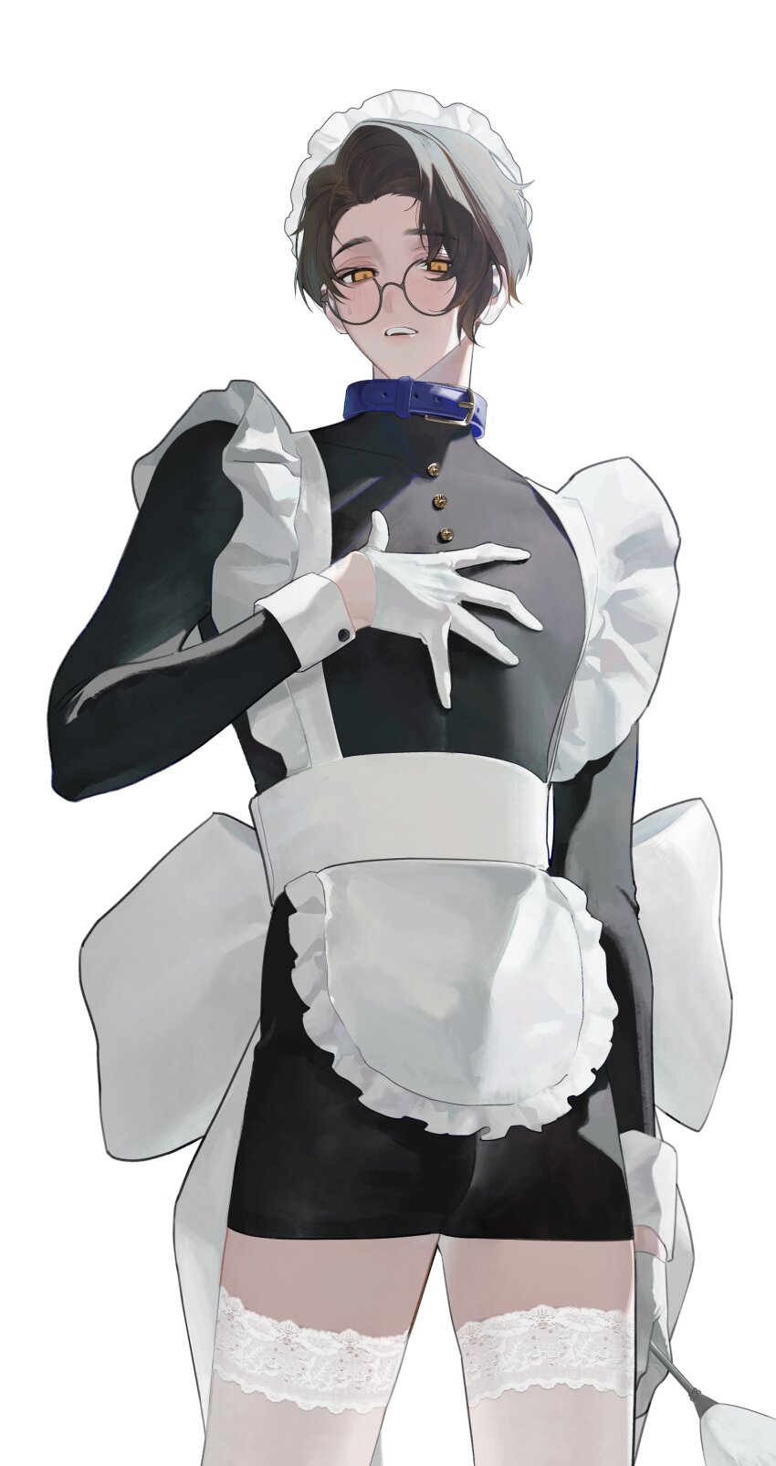 1boy absurdres alternate_costume black_hair blue_lock blush cowboy_shot crossdressing glasses gloves highres holding linus_02202 long_sleeves looking_at_viewer maid maid_headdress male_focus male_maid open_mouth round_eyewear short_hair simple_background solo teeth thighhighs upper_teeth_only white_background white_gloves yukimiya_kenyu