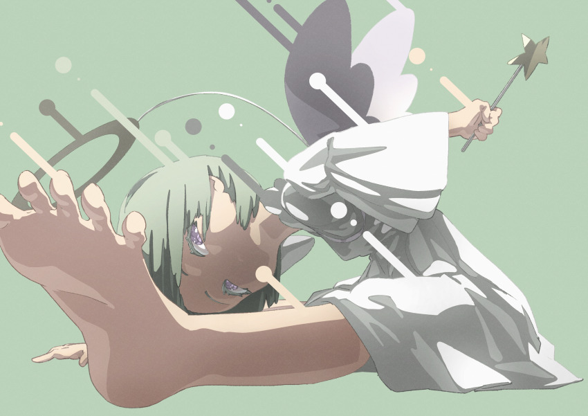 1girl absurdres barefoot closed_mouth commentary_request dress earrings feet foot_focus full_body green_background green_hair green_theme halo highres holding holding_wand jewelry looking_at_viewer nico-tine original purple_eyes short_sleeves simple_background sitting solo star_wand toes wand white_dress wings