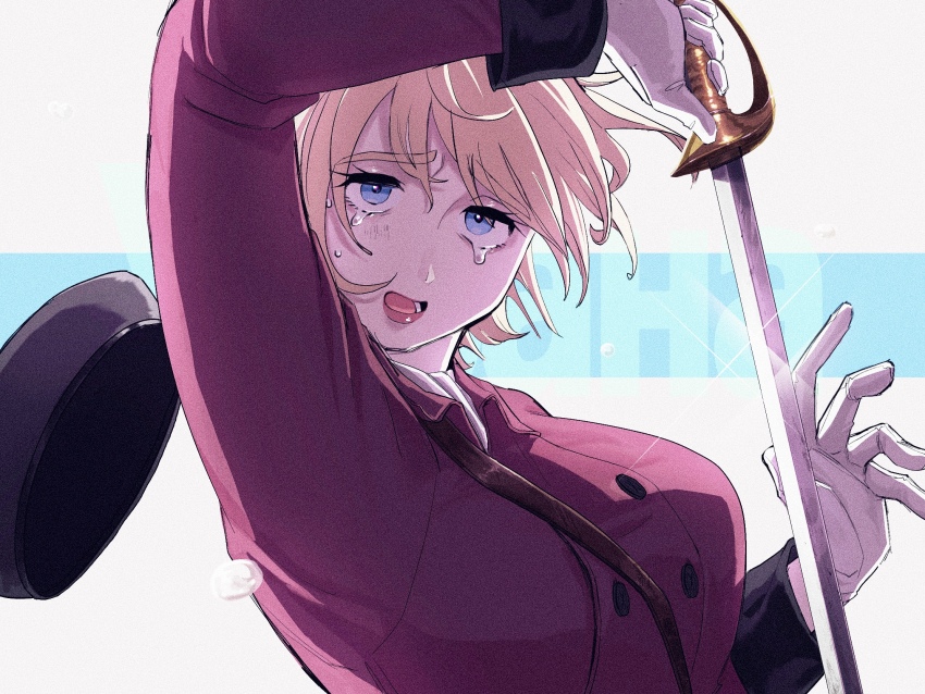 1girl arm_up axis_powers_hetalia beret black_hat blonde_hair blue_eyes breasts buttons collared_jacket commentary_request crying crying_with_eyes_open gloves hair_between_eyes hat highres holding holding_sword holding_weapon jacket large_breasts lips long_sleeves looking_at_viewer open_mouth pcpc_onaka red_jacket short_hair solo sparkle sword tears ukraine_(hetalia) unworn_hat unworn_headwear upper_body weapon white_gloves