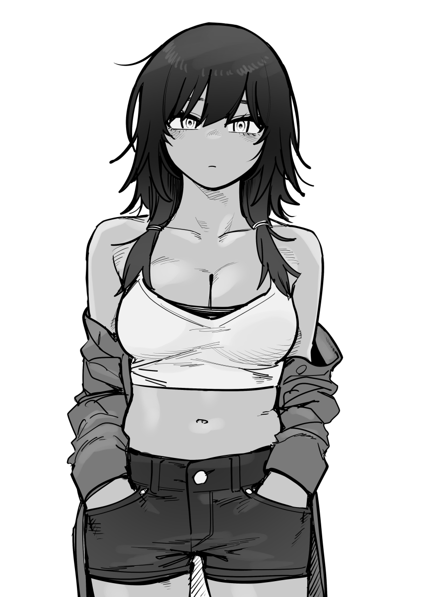 1girl absurdres bare_shoulders breasts cleavage closed_mouth clothes_down collarbone commentary_request crop_top greyscale hands_in_pockets highres jacket kanke_(kank06020602) looking_at_viewer medium_breasts medium_hair midriff monochrome navel open_clothes open_jacket original short_shorts shorts simple_background solo white_background
