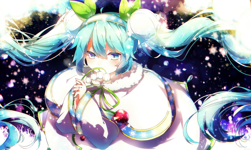 1girl aka_tonbo_(lililil) aqua_hair blue_eyes capelet female_focus flower fur_trim hair_flower hair_ornament hatsune_miku holding holding_flower interlocked_fingers lily_of_the_valley own_hands_clasped own_hands_together ribbon snowflake_print snowflakes snowing solo twintails vocaloid yuki_miku