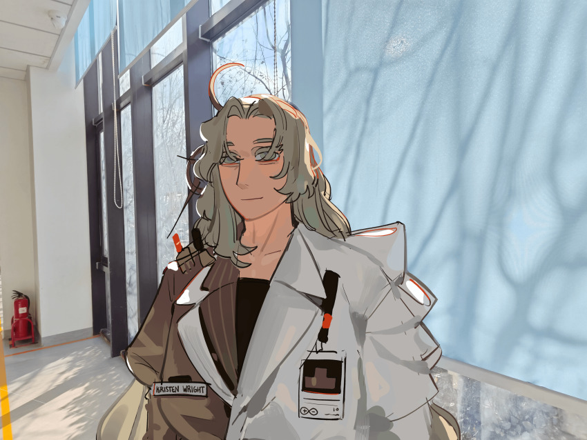 1girl absurdres ahoge arknights backlighting blonde_hair brown_eyes character_name closed_mouth coat colored_eyelashes commentary crrn curtained_hair curtains day english_commentary ethics_is_holding_back_scientific_innovation_and_progress_(meme) fire_extinguisher highres id_card indoors kristen_(arknights) lapels light_smile long_hair looking_at_viewer meme multicolored_coat name_tag notched_lapels photo_background pinstripe_pattern solo two-tone_coat upper_body