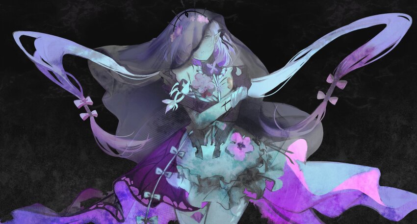 1girl absurdres apron bare_shoulders bdsm bondage bound bug butterfly castorice_(honkai:_star_rail) crown dark_background dress flower hair_flower hair_ornament highres honkai:_star_rail honkai_(series) insect long_hair maid_apron poursuu purple_dress purple_hands veil white_hair