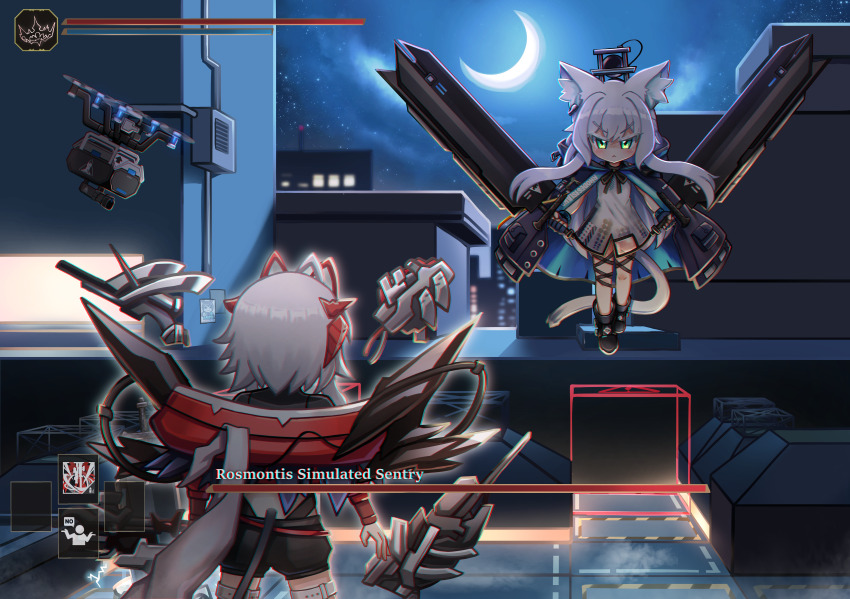 2girls absurdres ahoge angry animal_ear_fluff animal_ears arknights black_boots black_coat black_shorts boots cat_ears cat_girl cat_tail chibi coat commentary cropped_jacket dark_souls_(series) demon_girl demon_tail dress drone fake_screenshot floating from_behind gameplay_mechanics green_eyes grey_hair highres horns jacket long_hair long_sleeves looking_at_viewer medium_hair moon multicolored_hair multiple_girls night night_sky open_clothes open_coat red_hair red_jacket rosmontis_(arknights) shorts sky streaked_hair tail th3cr0ma w_(arknights) white_dress white_hair wis&#039;adel_(arknights)