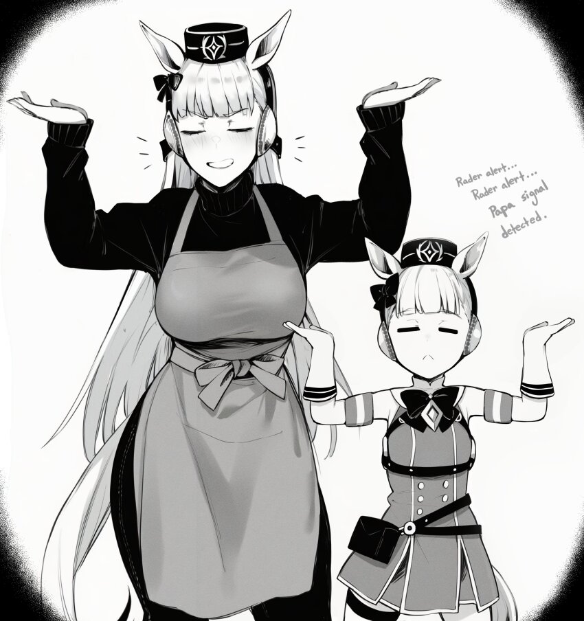 2girls :&lt; =_= absurdres aged_up animal_ears apron bag bow bowtie buttons child closed_eyes commentary contrapposto double-breasted english_commentary gloves gold_ship_(umamusume) greyscale grin hair_bow hands_up hat highres horse_ears horse_girl horse_tail housewife long_hair masoq monochrome mother_and_daughter multiple_girls satchel short_hair smile standing straight_hair tail umamusume very_long_hair