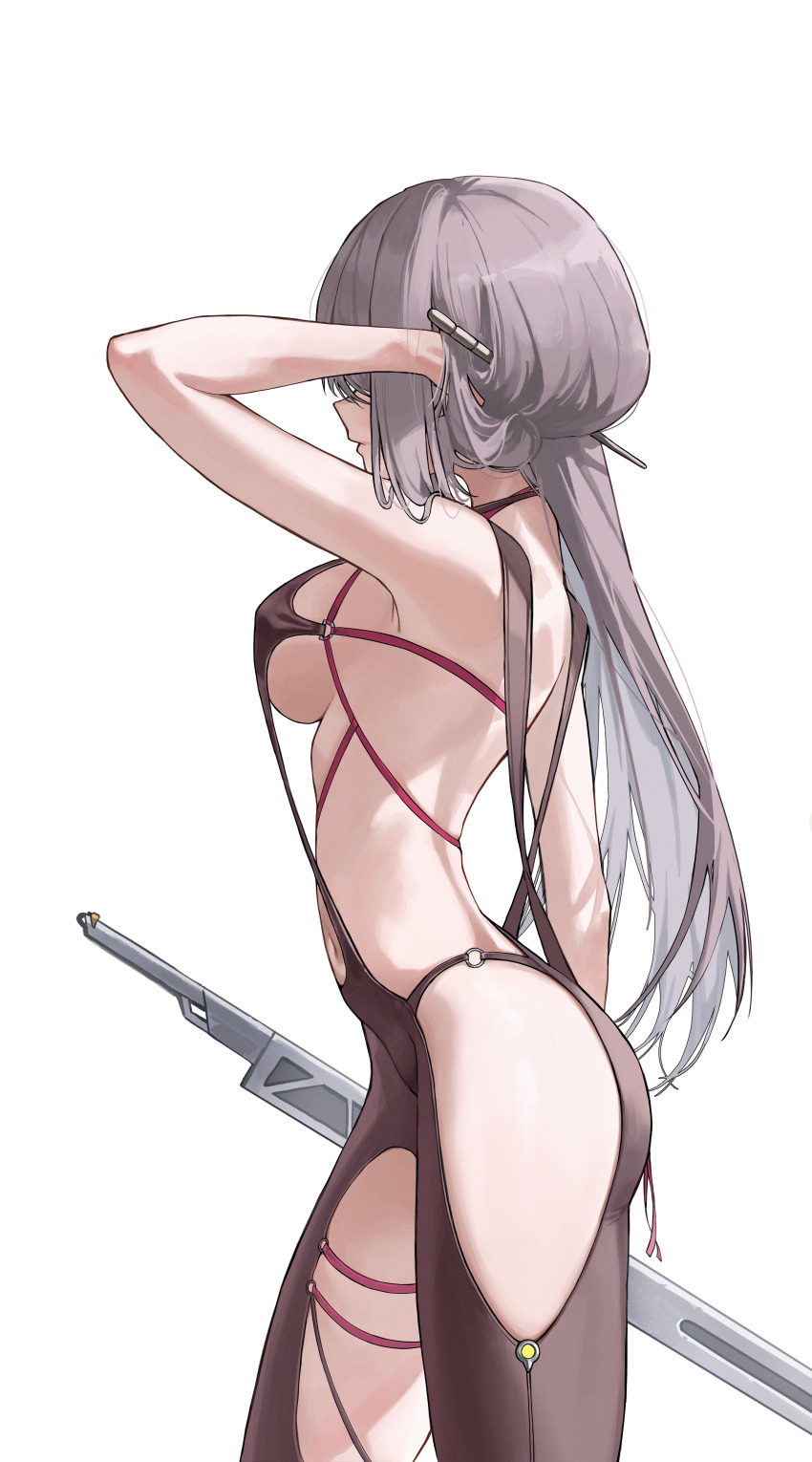 1boy 1girl absurdres bodysuit breasts che_(komulkomul48) goddess_of_victory:_nikke grey_hair highres hip_vent holding holding_sword holding_weapon long_hair looking_ahead medium_breasts official_alternate_costume profile revealing_clothes scarlet_(nikke) scarlet_(racer&#039;s_high)_(nikke) sideboob solo sword very_long_hair weapon white_background