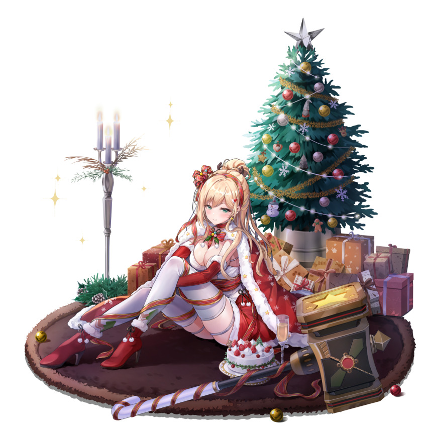 1girl ankle_boots artist_request berry black_ribbon blonde_hair blush boots box breasts cake candle candle_stand candy_print cape choker christmas christmas_cake christmas_ornaments christmas_tree christmas_tree_ornament christmas_tree_print circle_print cleavage cookie cup diagonal-striped_ribbon diamond_(shape) diamond_pattern diamond_print drinking_glass earrings elbow_gloves fake_antlers final_gear floral_print food food_print fruit full_body gift gift_box gingerbread_man gloves green_eyes hair_ornament hair_ribbon half_updo heart_ornament high_heel_boots high_heels high_ponytail highres jewelry knot leg_wrap lights looking_at_viewer mallet margaret_(final_gear) official_art on_floor orange_ribbon pinstripe_ribbon pom_pom_(clothes) ponytail puffy-trimmed_cape puffy-trimmed_footwear puffy-trimmed_gloves puffy-trimmed_skirt purple_ribbon rectangle_print red_boots red_cape red_choker red_gloves red_ribbon red_skirt ribbon rug santa_hat_hair_ornament simple_background sitting skirt snowflake_ornament snowflake_print snowman_ornament solo sparkle star-shaped_cookie star-shaped_food star_(symbol) star_earrings star_ornament star_print strawberry striped_ribbon tachi-e thigh_strap thighhighs third-party_source transparent_background triangle_print two-tone_ribbon white_ribbon white_thighhighs wine_glass zig-zag_pattern