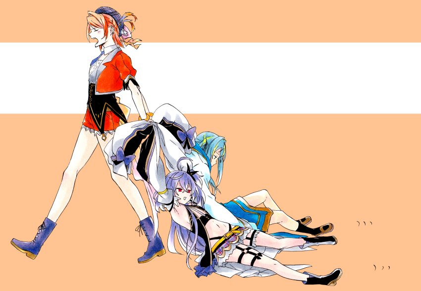 3girls absurdres ahoge armpits bangle belt between_breasts black_fur blue_hair blue_skirt boots bracelet breasts brown_footwear butterfly_hair_ornament closed_eyes detached_sleeves dragging flat_chest hair_ornament hat hat_feather highres hiyoku_no_crosspiece jacket jewelry ken&#039;ichi_(ken1ro_u) long_sleeves multicolored_hair multiple_girls nanashi_inc. navel necktie necktie_between_breasts o-ring o-ring_thigh_strap open_clothes open_jacket open_mouth orange_hair orange_jacket orange_shorts plaid_clothes plaid_headwear plaid_skirt puffy_sleeves purple_footwear purple_hair red_eyes revealing_clothes shisui_kiki shisui_kiki_(1st_costume) short_sleeves shorts side_ponytail sidelocks simple_background skirt small_breasts socks suzumi_nemo suzumi_nemo_(1st_costume) thigh_strap touri_sei touri_sei_(1st_costume) two-tone_hair virtual_youtuber walking yellow_belt